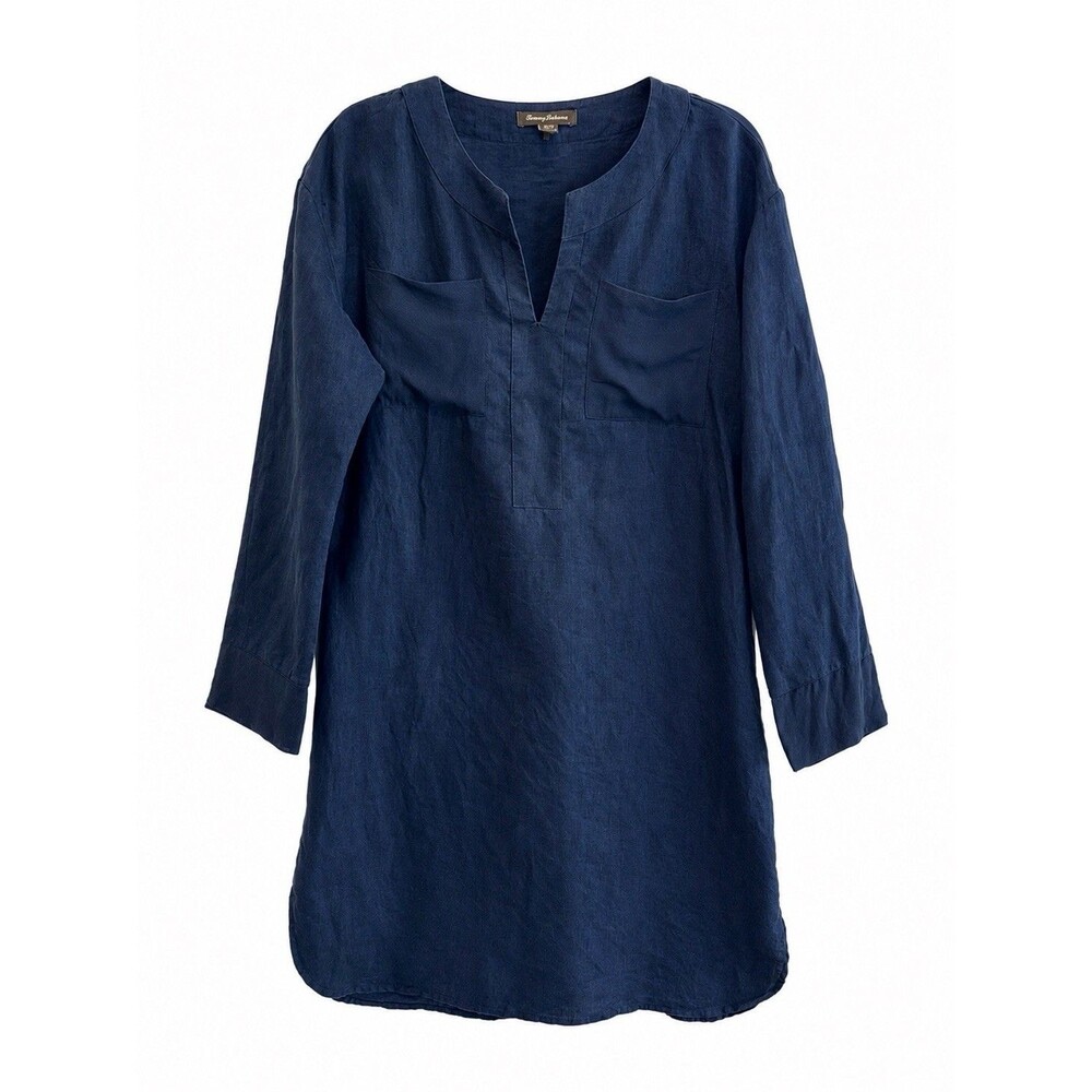 Tommy Bahama 100% Linen Dress S/P Navy Blue Silk Trim Tunic Shift Coastal